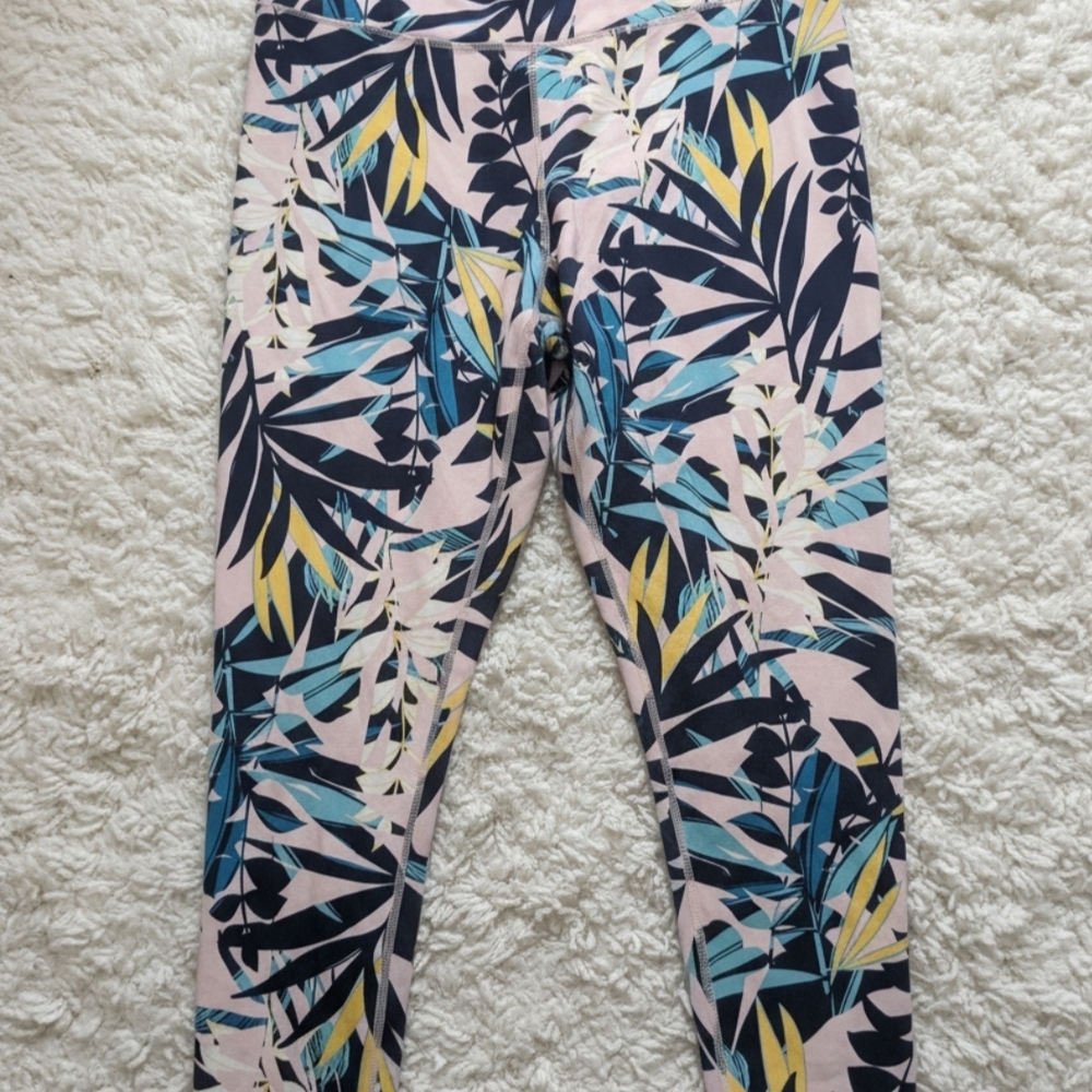 Old Navy Pink Leggings with Navy, Teal & Yellow Leaf Print